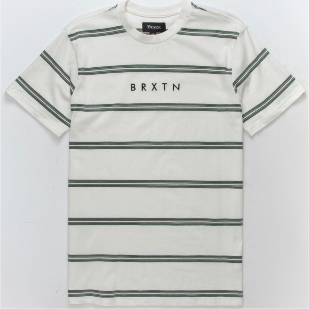 Brixton Off white tee with blue green stripes size large.